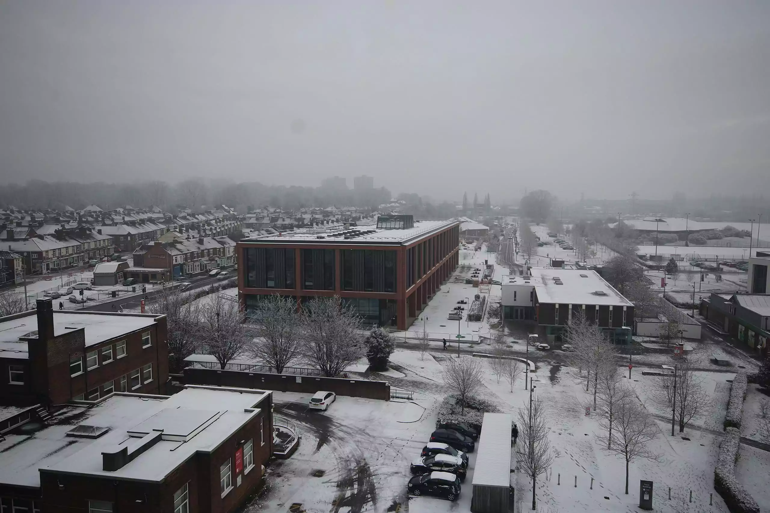 The Catalyst Building at Staffordshire University in the snow