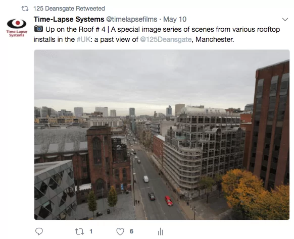 Screenshot showing one of our Tweets featuring a rooftop image of 125 Deansgate.