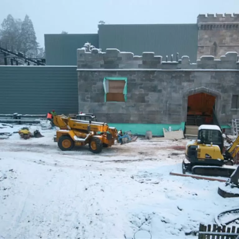 Snowfall during the construction of Th13teen at Alton Towers