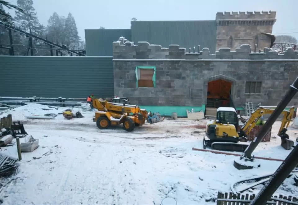 Snowfall during the construction of Th13teen at Alton Towers