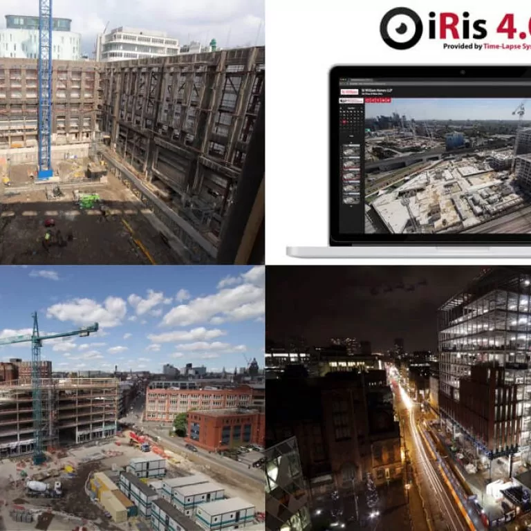 Four selected images demonstrating construction projects in London, Leeds and Manchester, and the launch of iRis 4.0