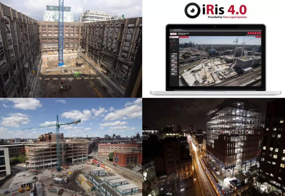 Four selected images demonstrating construction projects in London, Leeds and Manchester, and the launch of iRis 4.0
