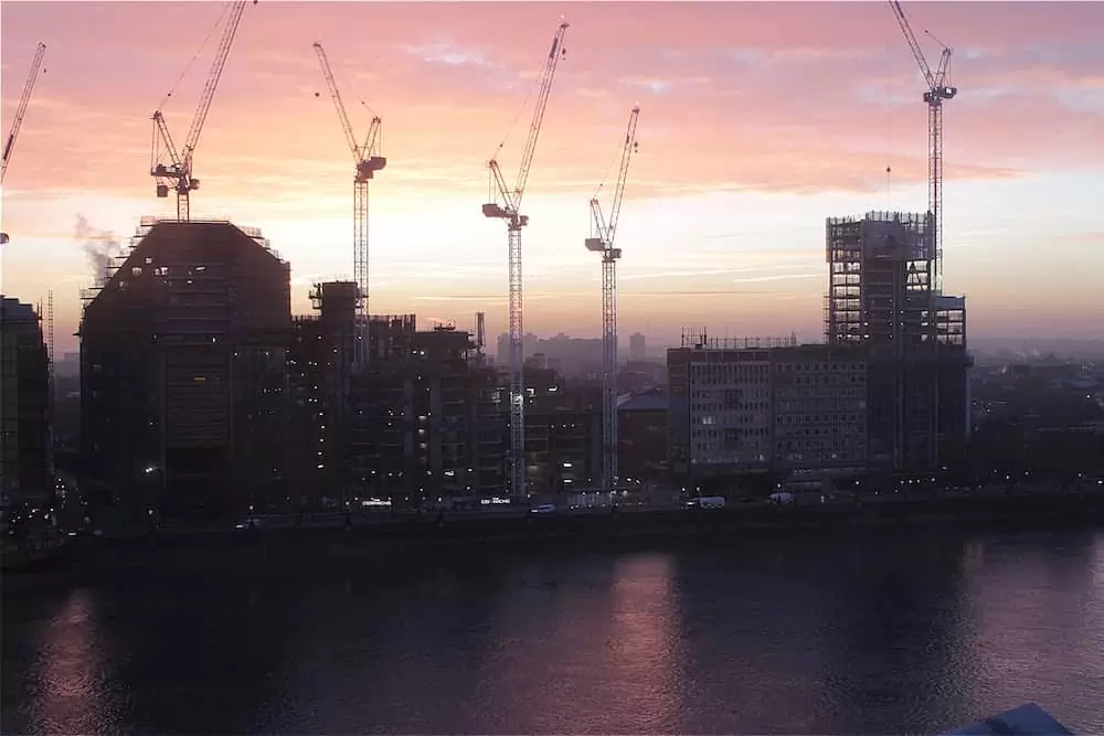 View of Albert Embankment construction project along the River Thames, London.