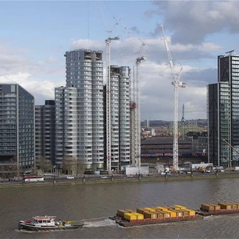 Construction progress on Albert Embankment from across the Thames, central London.