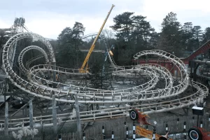 The iconic Corkscrew roller coaster before its demolition at Alton Towers.