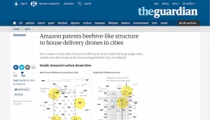 Screen shot of a Guardian article about Amazon's drone centre patent.
