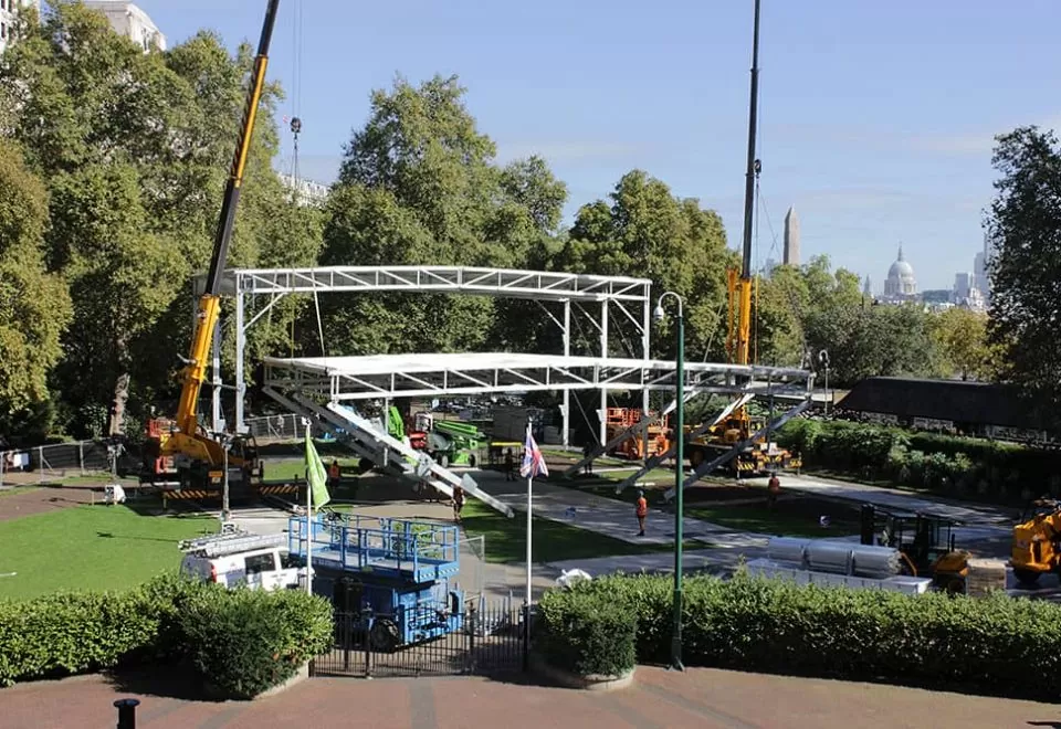 Temporary structure of BFI's Embankment Garden Cinema being erected