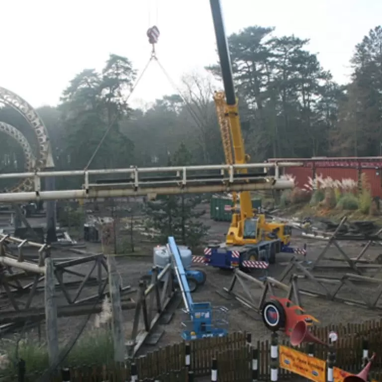 Corkscrew rollercoaster at Alton Towers during the final stages of being dismantled
