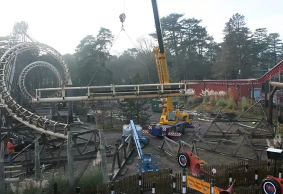 Corkscrew rollercoaster at Alton Towers during the final stages of being dismantled