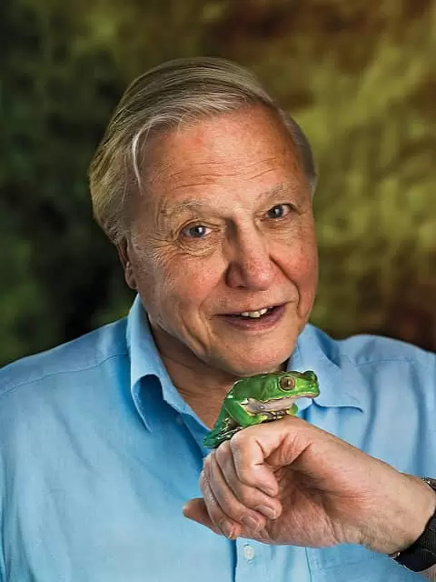 Portrait photograph of Sir David Attenborough with a tree frog perched on his hand.