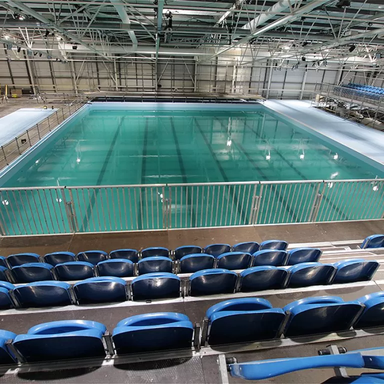 Temporary synchronised swimming pool at Scotstoun Campus, Glasgow, ahead of the 2018 European Championships.