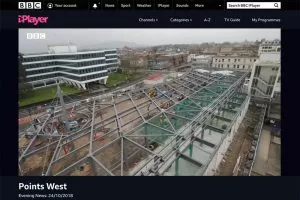 Screenshot from BBC iPlayer showing time-lapse video footage from Gloucester's new bus station, as part of local news programme Points West