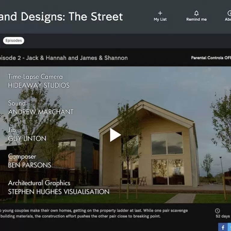 Screenshot from Grand Designs The Street credits, showing Hideaway Media Time-Lapse Systems involvemnet