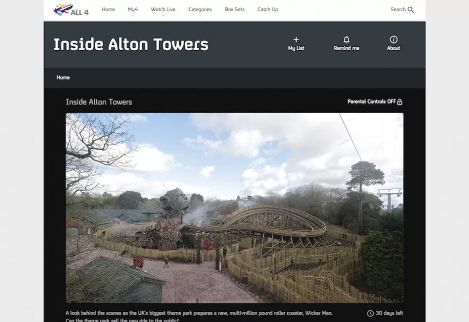 Screenshot of Wicker Man ride time-lapse from Alton Towers Resort documentary Inside Alton Towers broadcast on Channel 4
