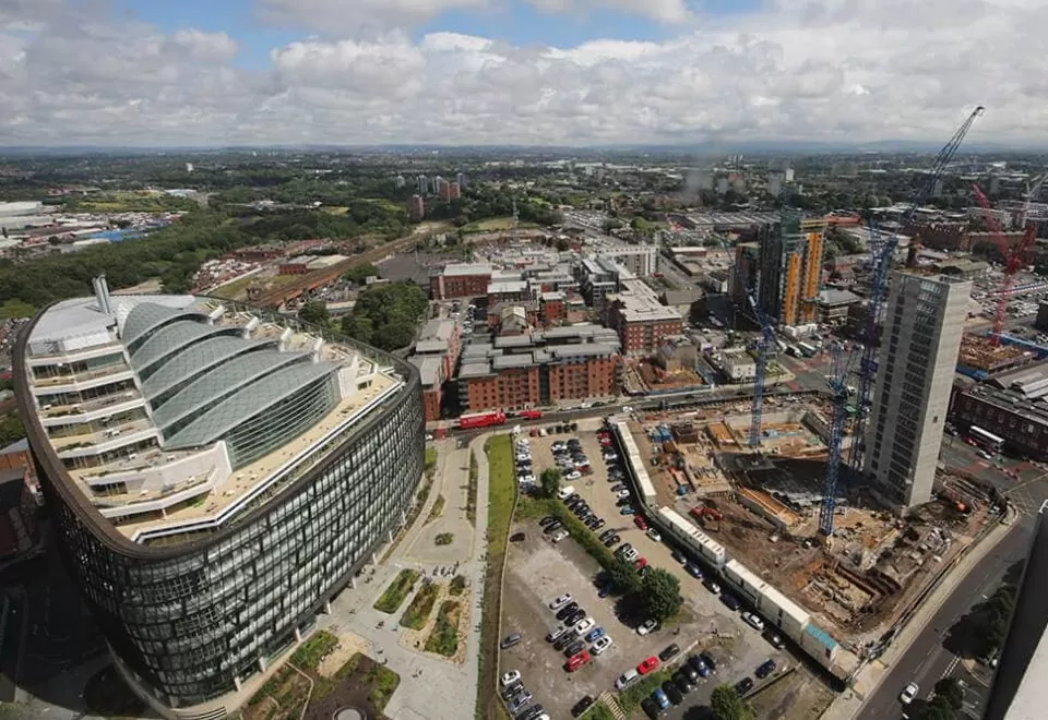 Aerial view of the NOMA development in Manchester, focusing on Angel Gardens.