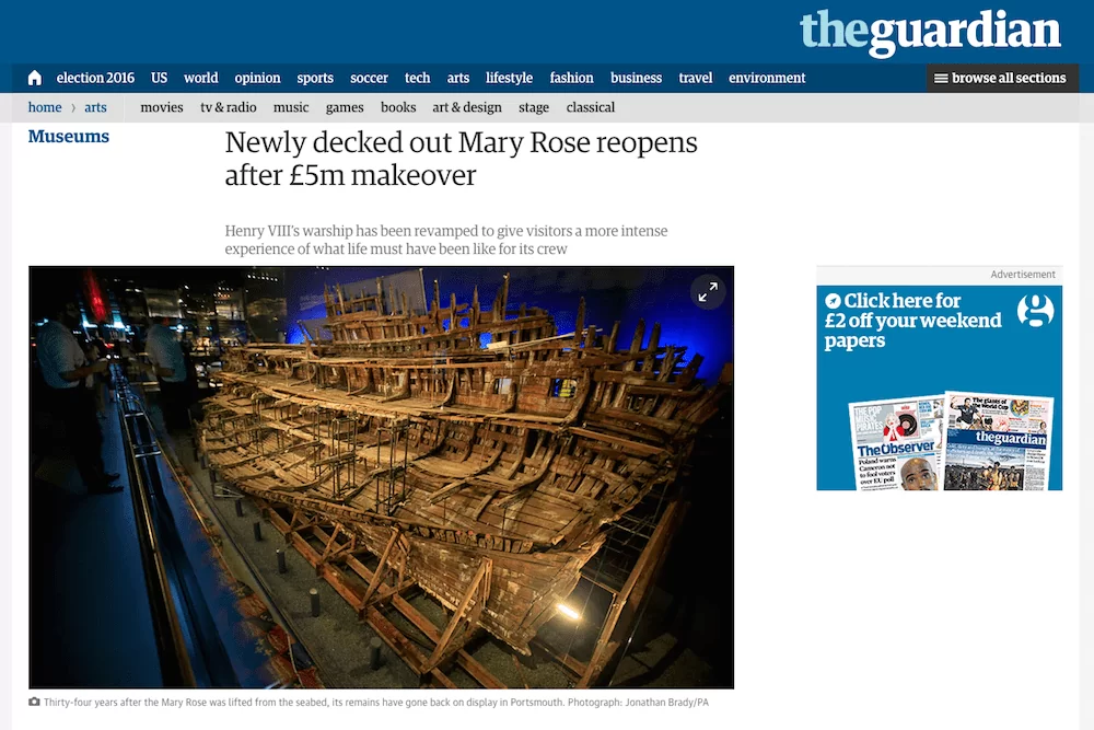 Screenshot from The Guardian website showing Time-Lapse Systems' camera in situ at the Mary Rose Museum