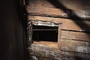 Close-up of a gun port as part of the Mary Rose ship.