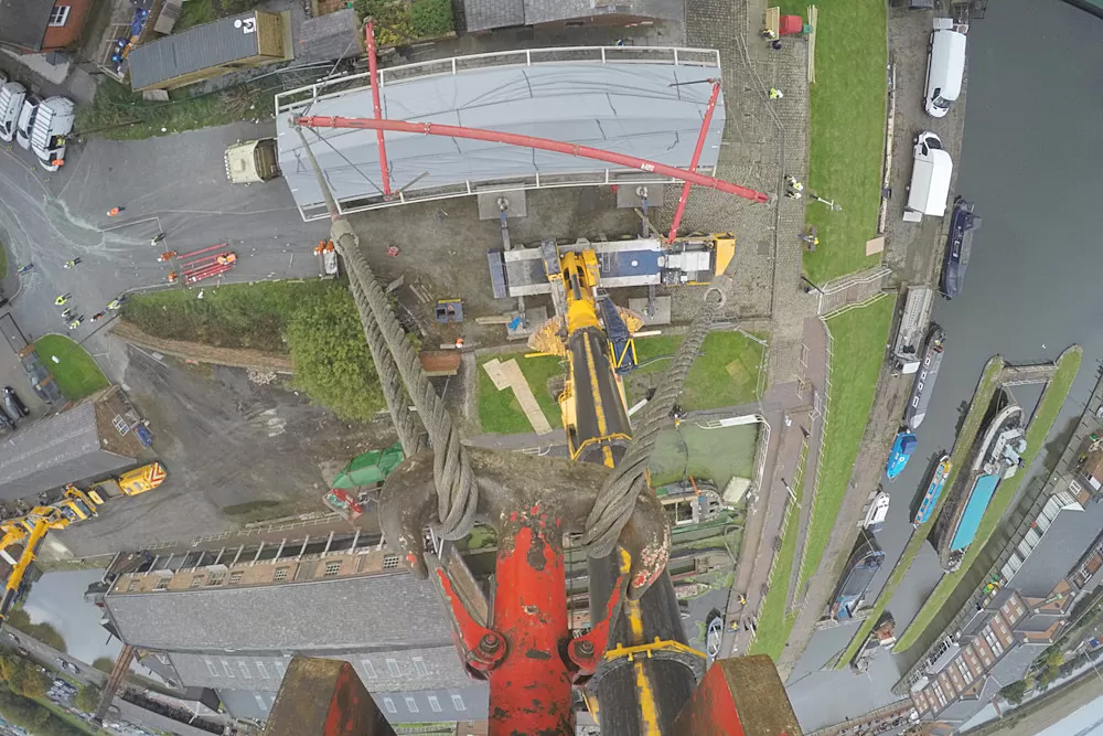 Time-lapse camera position from atop a crane during National Waterways Museum boat lift