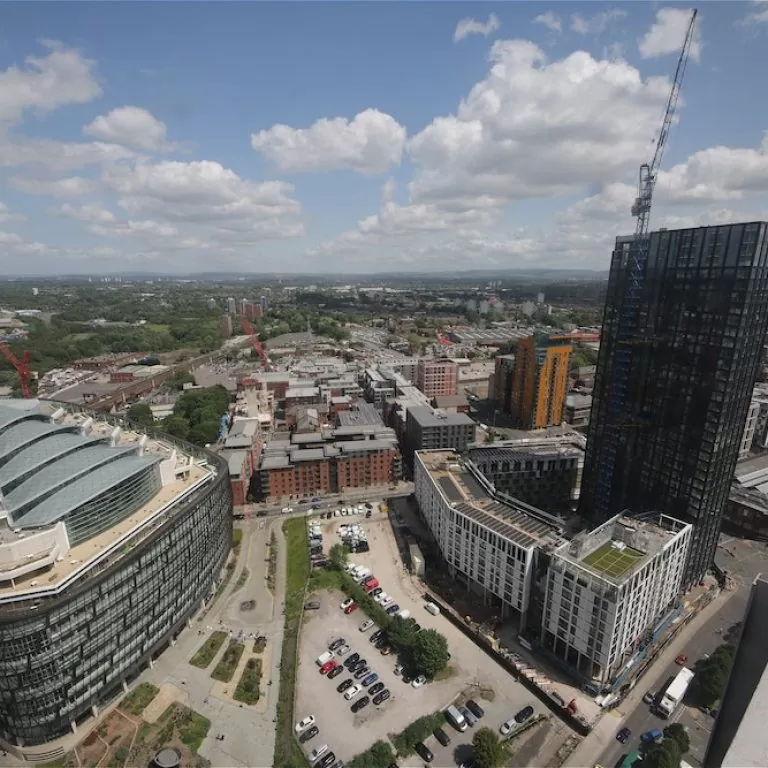 View over MODA's Angel Gardens in Manchester, one of our Northern Powerhouse time-lapse construction projects.