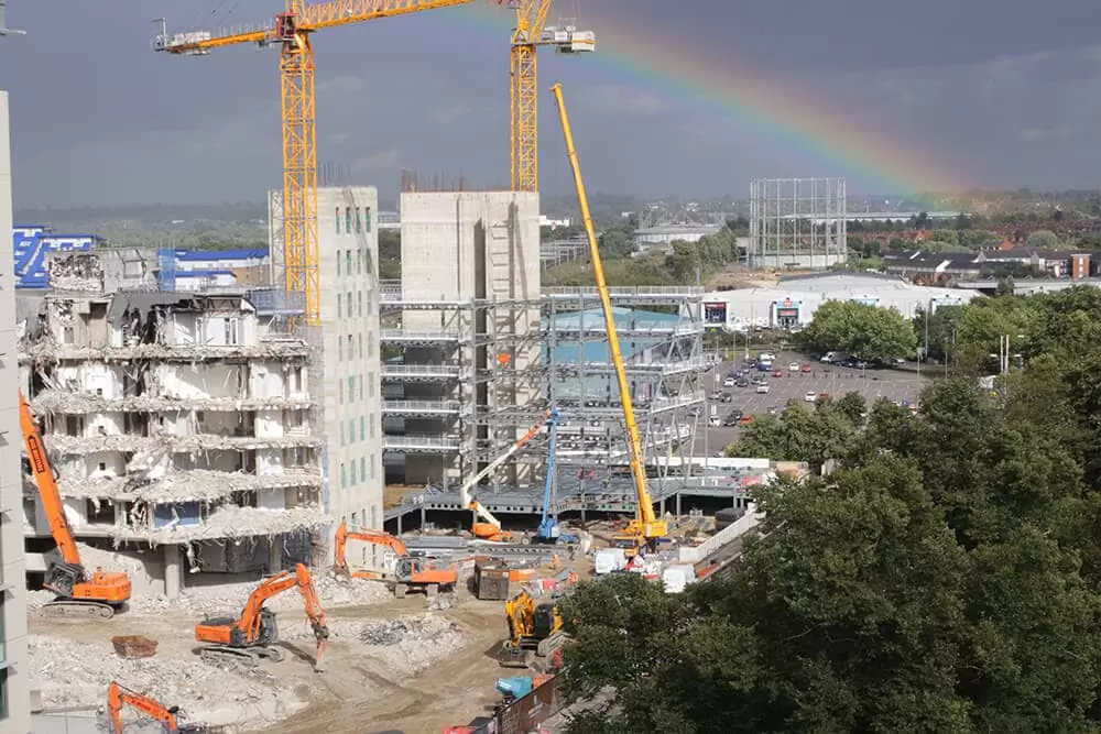 A rainbow over construction on site in Reading.