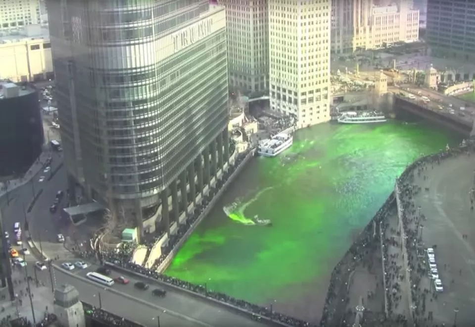 Chicago River being dyed green for St Patrick's Day
