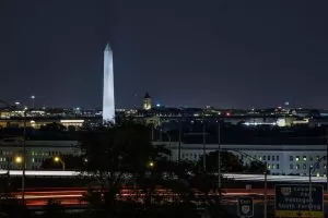 Long exposure night shot of Washington DC cityscape.