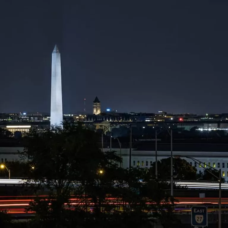 Long exposure night shot of Washington DC cityscape.
