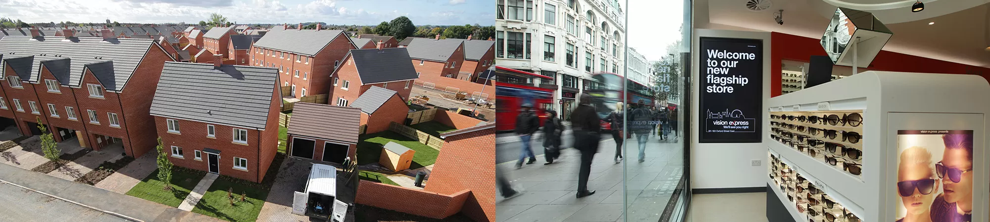 Side-by-side time-lapse images from housing and retail projects