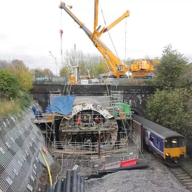 Elevated view of the Farnworth Tunnel boring works near Bolton