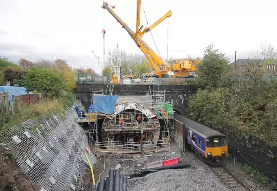Elevated view of the Farnworth Tunnel boring works near Bolton