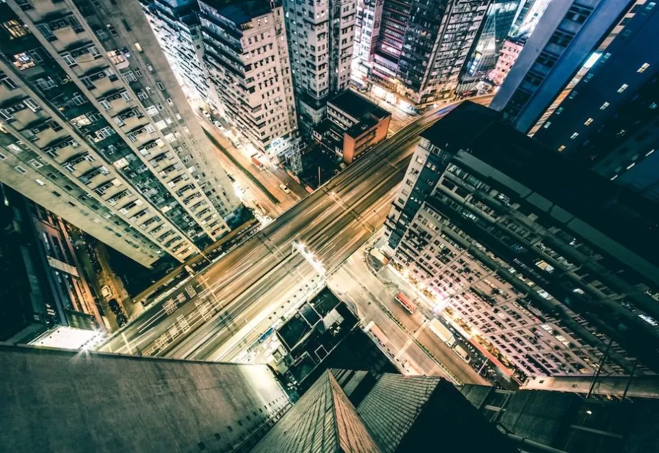 Aerial photography looking down on the city streets of Hong Kong.