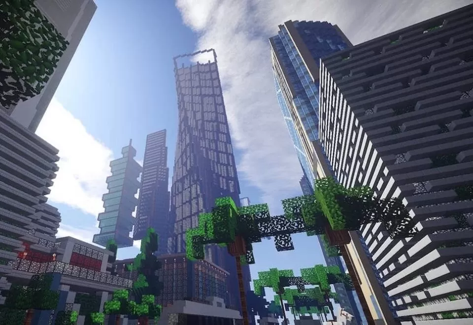 Shot looking up at skyscrapers created using sandbox video game, Minecraft.
