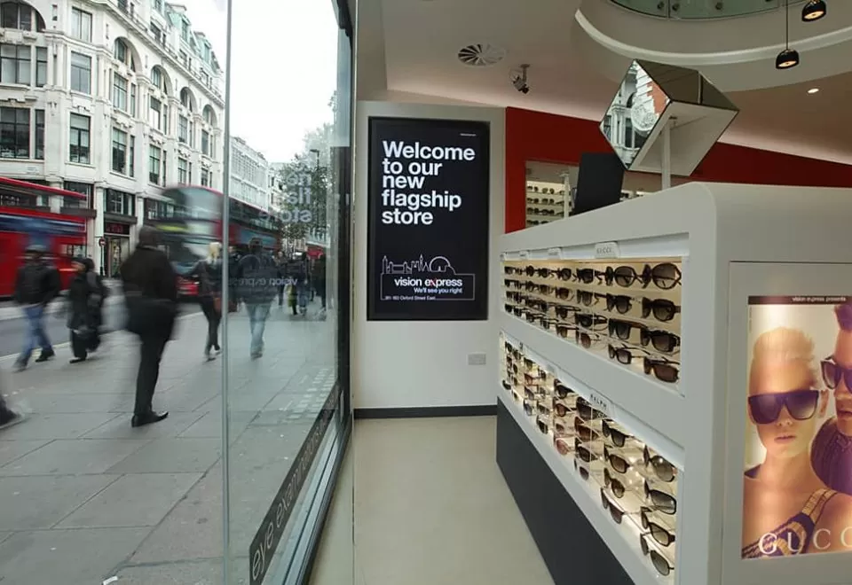 Rows of sunglasses inside the new Vision Express flagship store on Oxford Street