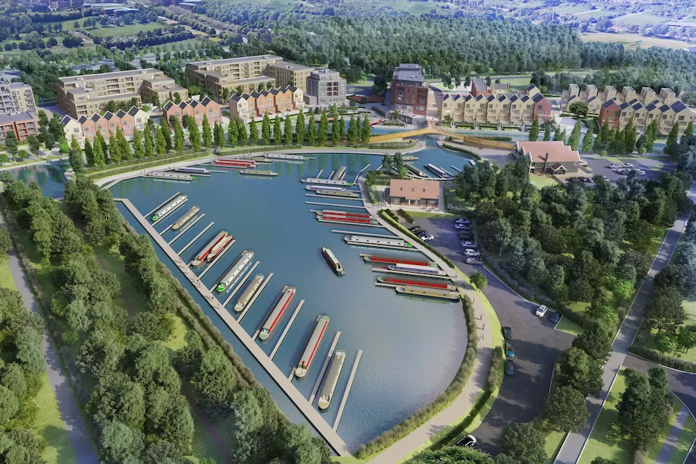 Aerial CGI image envisaging the completed Campbell Wharf development in Milton Keynes.