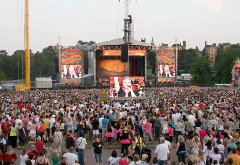 Pink performing on-stage at her summer concert at Alton Towers, Staffordshire