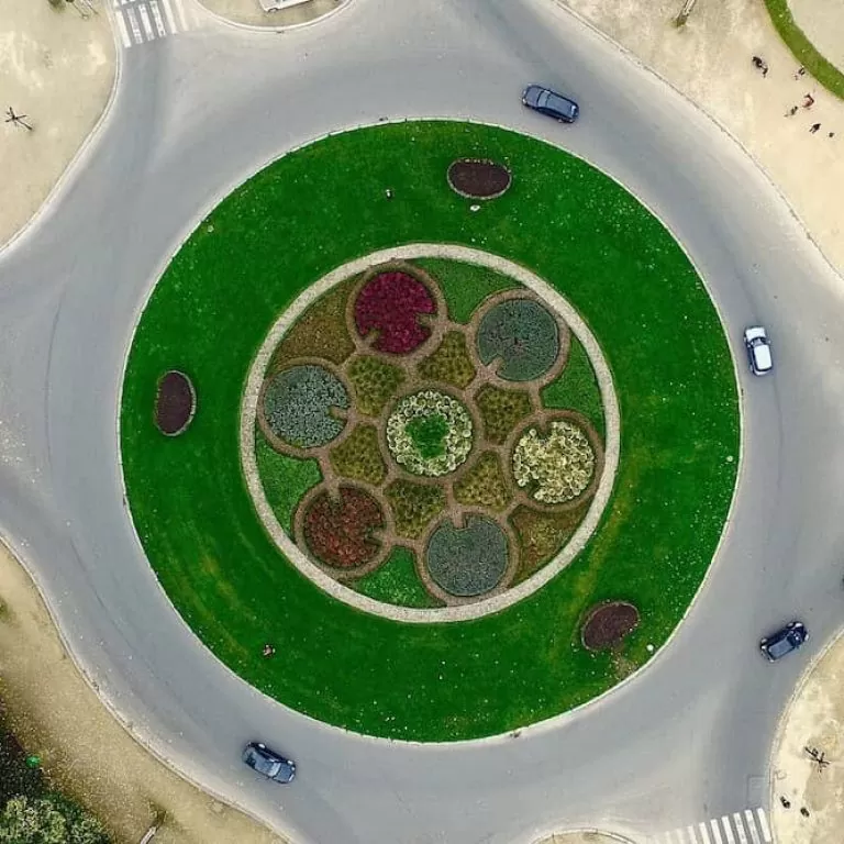 Aerial view of a roundabout captured using a drone.