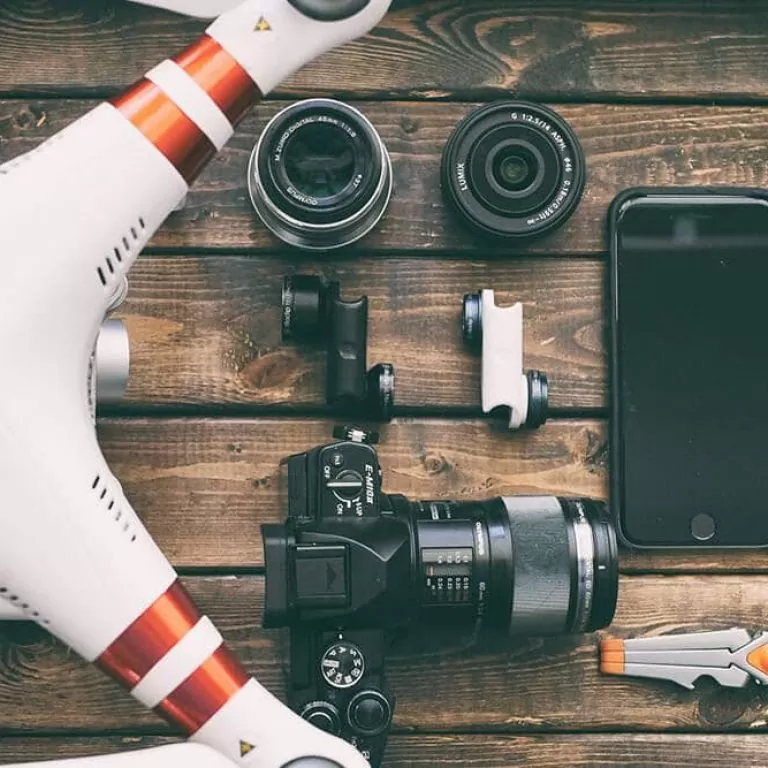 A drone and selected camera equipment.