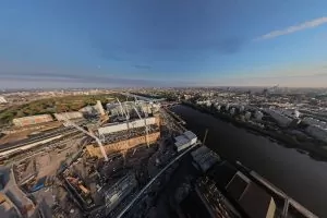 360° drone shot looking over Battersea Power Station and the River Thames