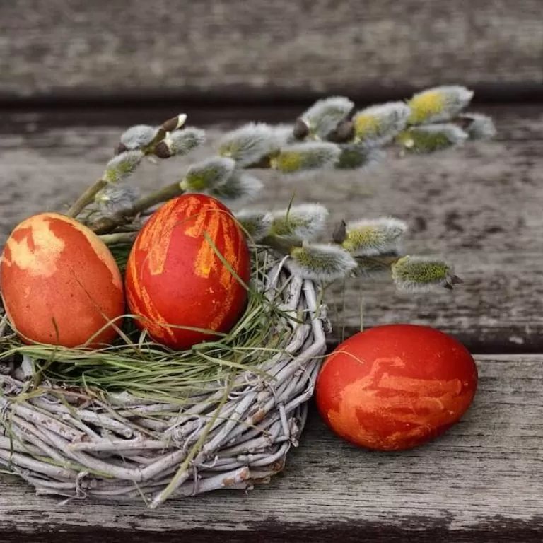 Image of three orange decorated eggs sitting atop a small nest.