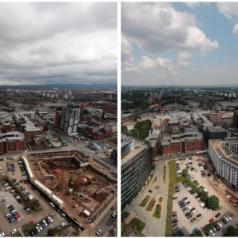 Time-lapse images of a Manchester-based construction project, taken months apart.