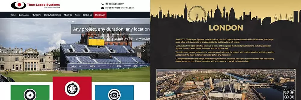 Screenshots from the home pages of Time-Lapse Systems and Time-Lapse London