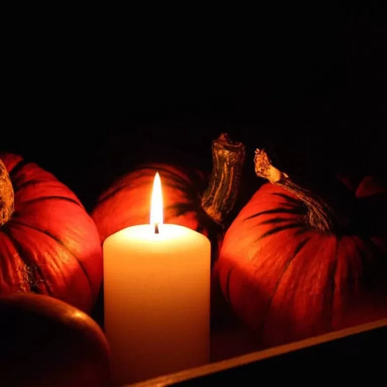 Pumpkins in the darkness lit by a lone candle.
