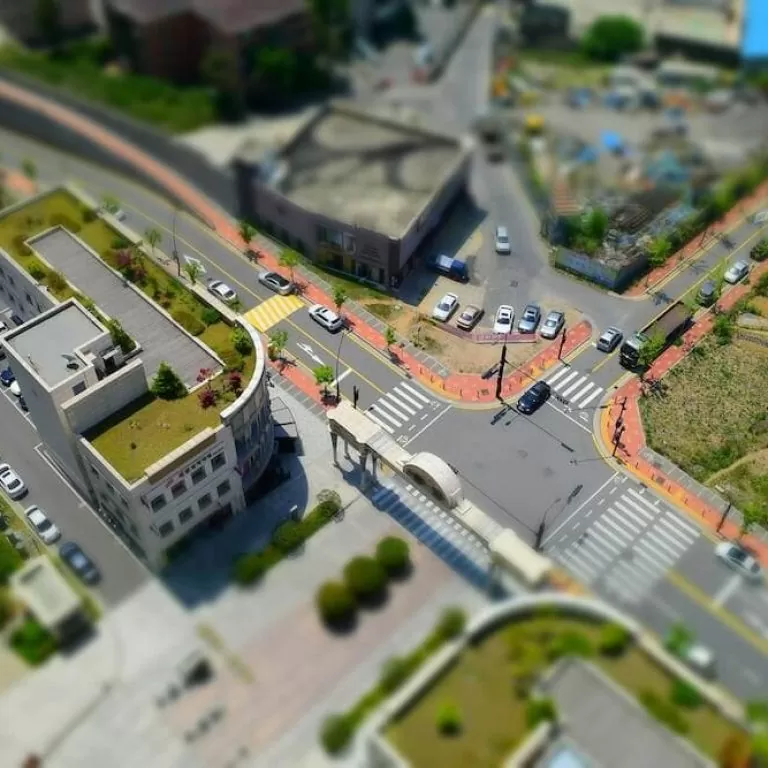 Aerial city view with added tilt-shift.