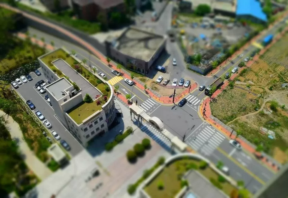 Aerial city view with added tilt-shift.