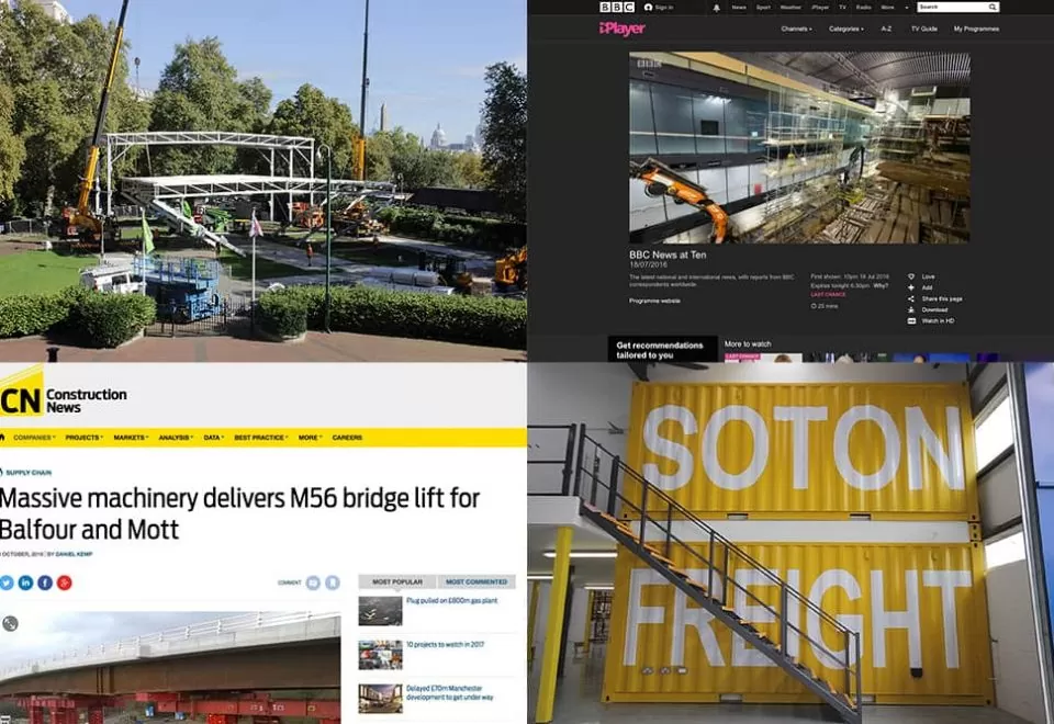 News thumbnails showing BFI London, Mary Rose, Construction News and Southampton Freight Services