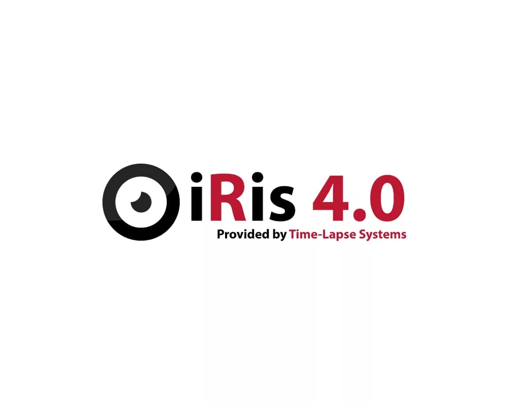 Black and red coloured logo for iRis 4.0, featuring an eye-shaped motif
