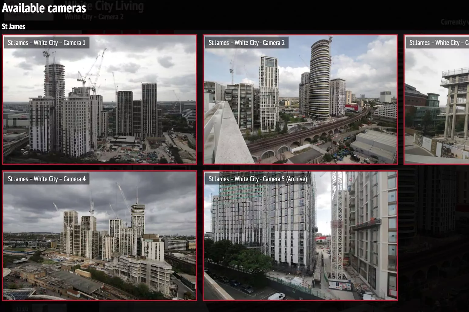 Screenshot showing five different camera views of construction sites available to switch between in iRis 4.0