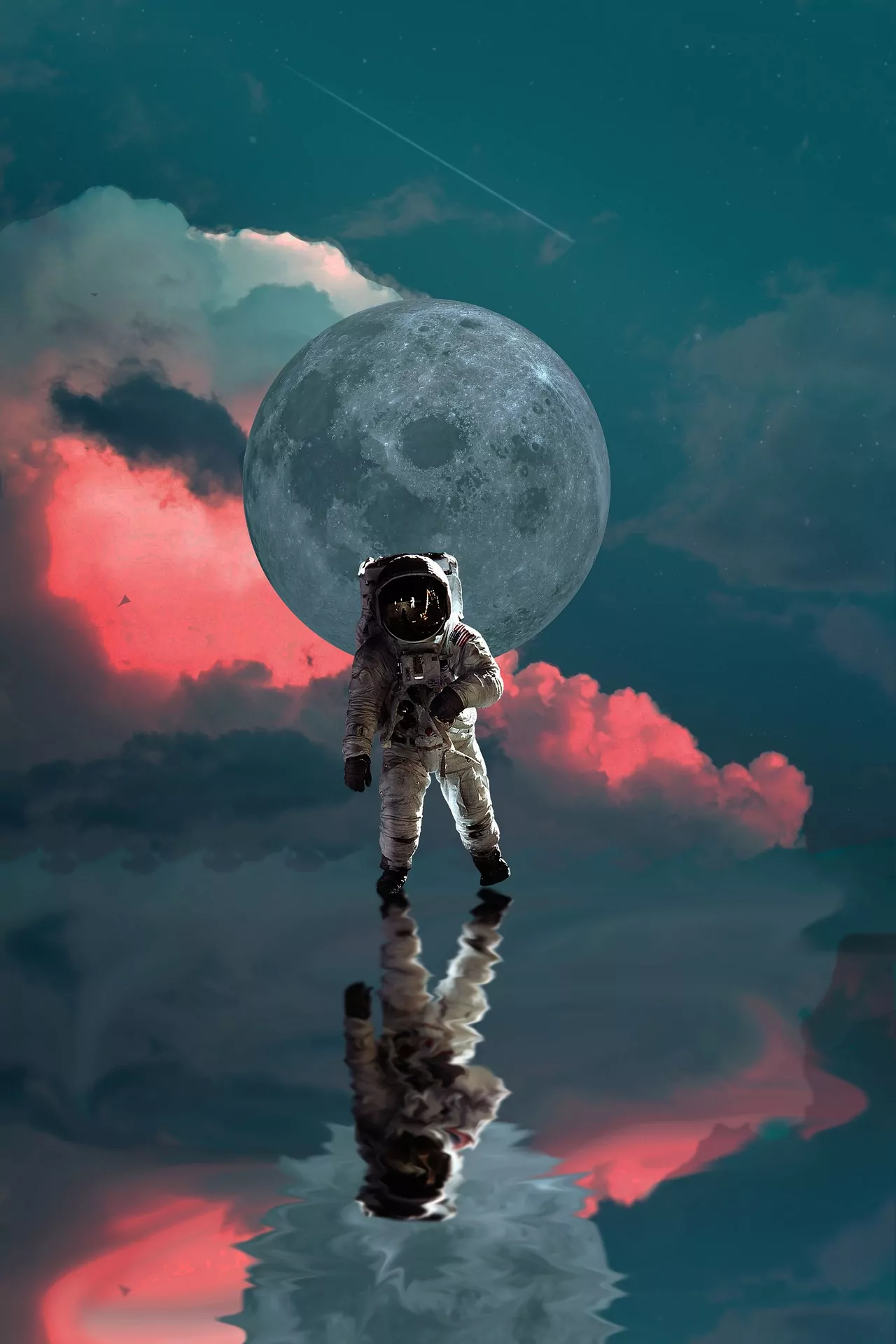 An image of an astronaut as he walks on a water-like substance. The full-scale of the moon can be seen directly behind the astronaut. A pink cloud cuts across the frame giving the image a supernatural appearance.