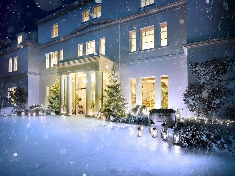An image of the beautiful Coworth Park main entrance at Christmas.